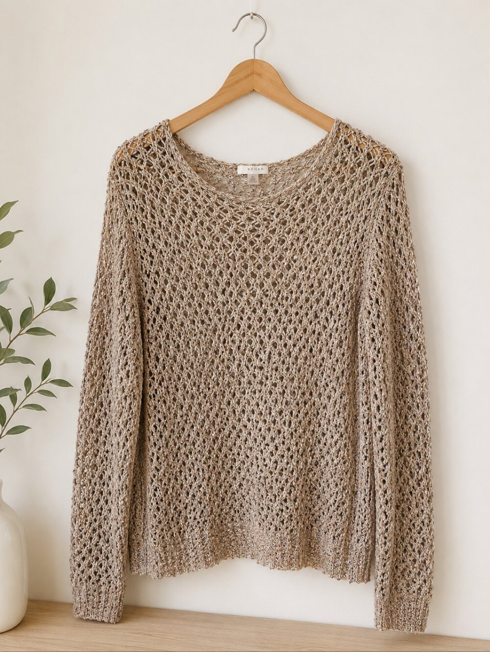 Kenar Open Knit Metallic Sweater XL Beige Marled Boho Crochet - Picture 3 of 14